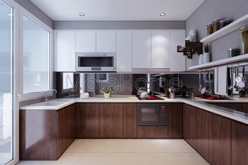 Để căn bếp trở nên đẹp, tất cả các đồ nội thất phải được kết nối với nhau. MoreGlass khuyên dùng kính ốp màu nâu để tạo một cảm giác trọn vẹn và tinh tế với màu của tủ bếp.